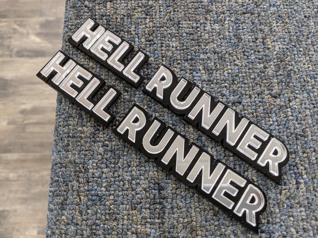 Hell Runner Car Badge - Mirror Silver On Gloss Black - Block Font - Atomic Car Concepts