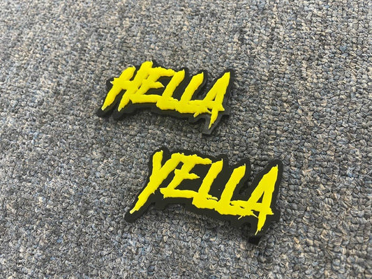 Hella Yella Car Badge - Yellow On Gloss Black - Aggressive Font - Atomic Car Concepts