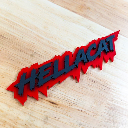 Hellacat Car Badge - Matte Black on Red - Lightning Font - Tape Mounting