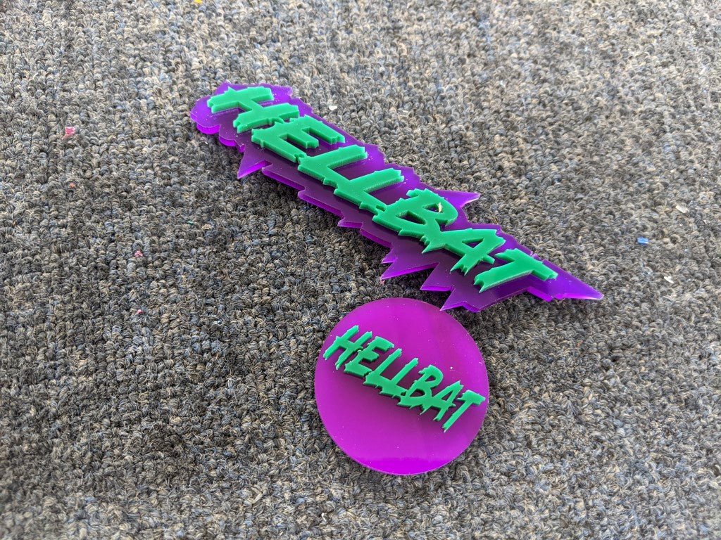 Hellbat Car Badge - Green On Purple - Lightning Font - Atomic Car Concepts