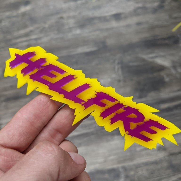 Hellfire Car Badge - Purple on Yellow - Lightning Font - Tape Mounting - Atomic Car Concepts