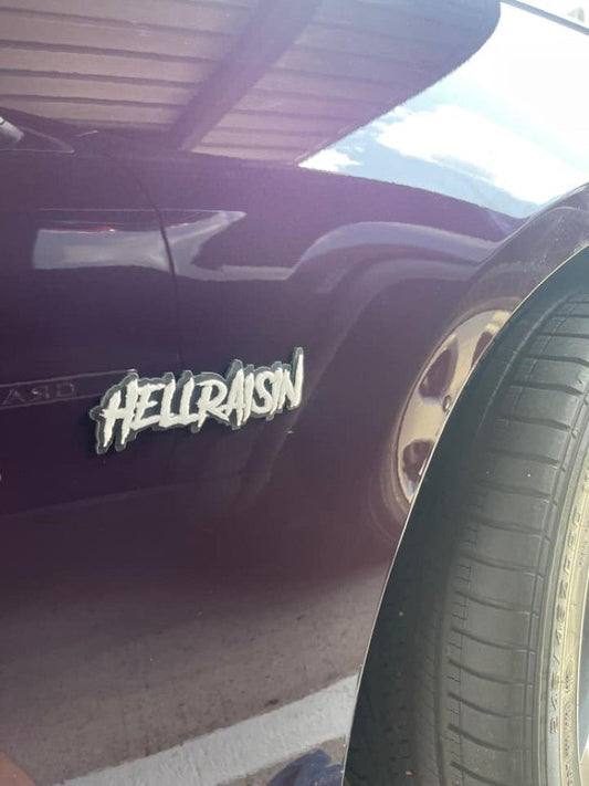 Hellraisin Car Badge - White on Matte Black - Aggressive Font - Tape Mounting - Atomic Car Concepts