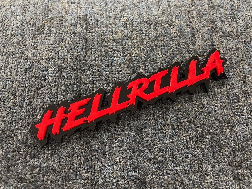 Hellrilla Car Badge - Red On Gloss Black - Lightning Font - Atomic Car Concepts