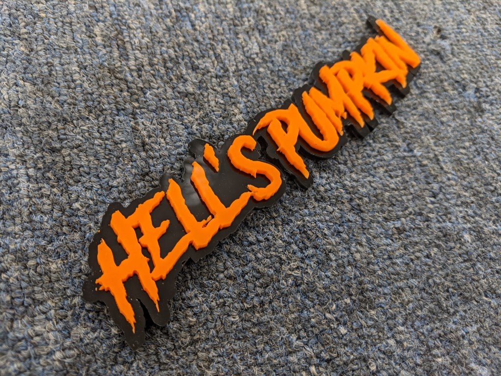 Hells Pumpkin Car Badge - Orange On Gloss Black - Aggressive Font - Atomic Car Concepts