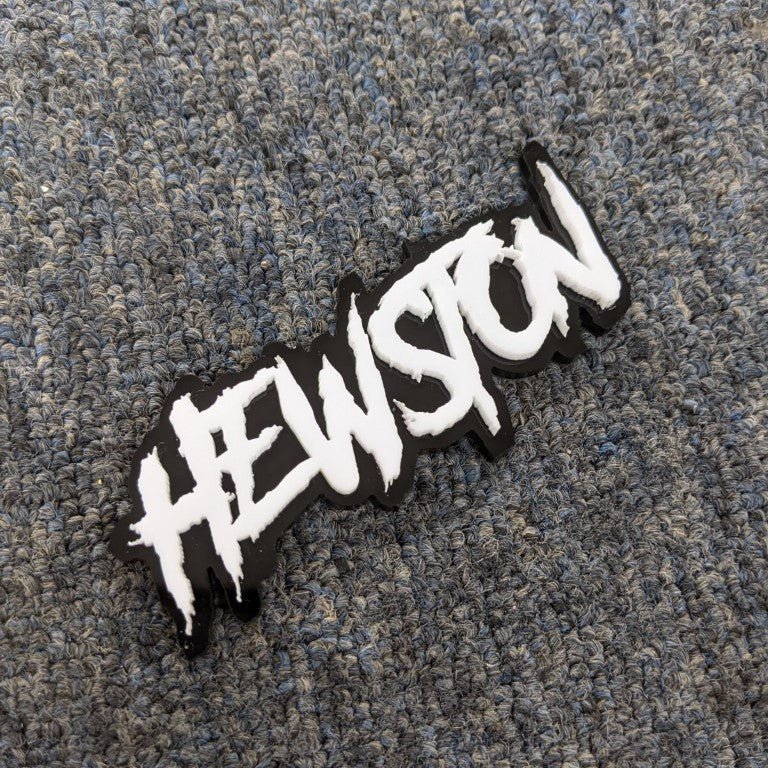 Hewston Car Badge - White on Gloss Black - Aggressive Font - Tape Mounting - Atomic Car Concepts