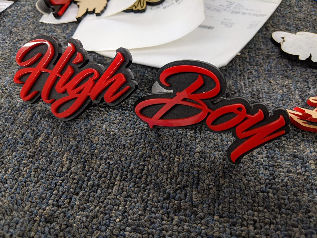 High Boy Car Badge - Red on Matte Black - Script Font - Atomic Car Concepts