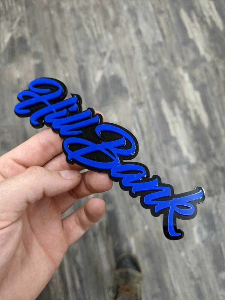 Hillbank Car Badge - Blue On Gloss Black - Script Font - Atomic Car Concepts