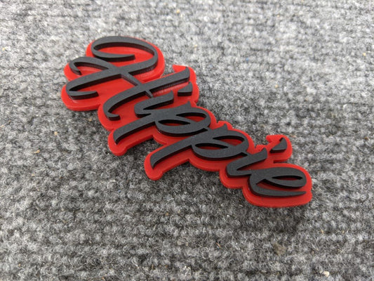 Hippie Car Badge - Matte Black on Red - Script Font - Atomic Car Concepts