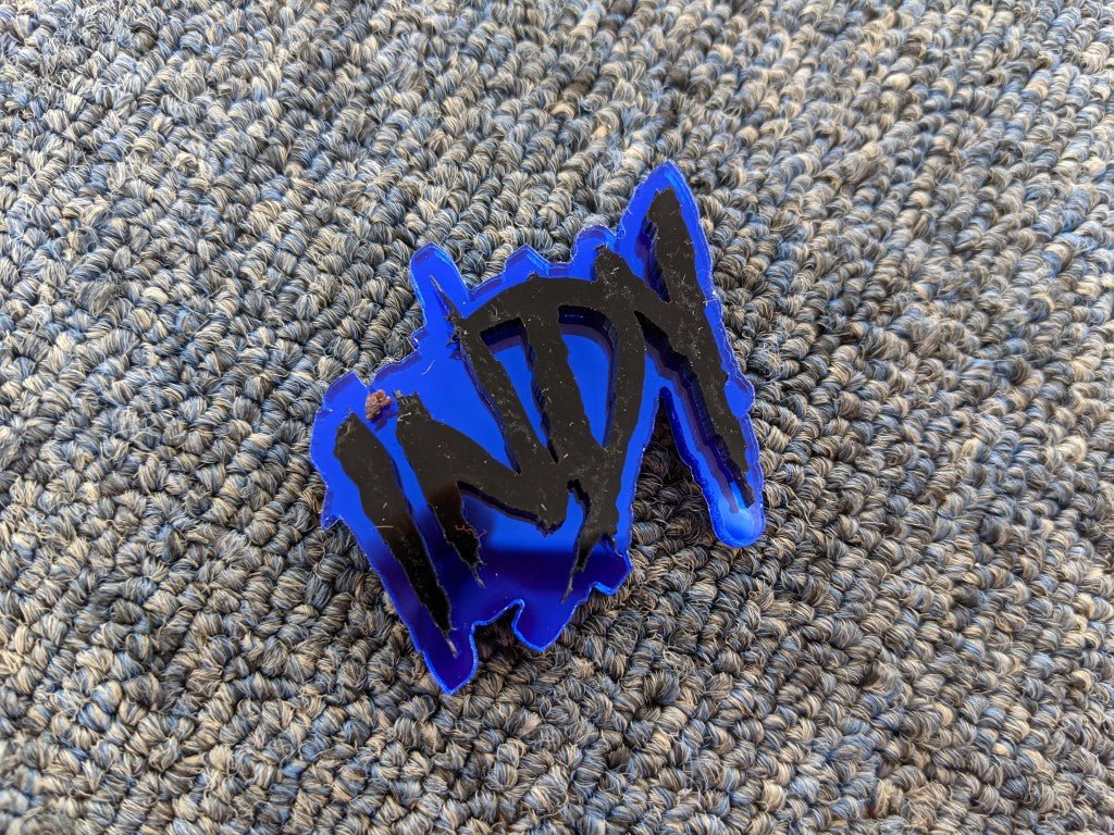 Indy Car Badge - Gloss Black On Mirror Blue - Aggressive Font - Atomic Car Concepts