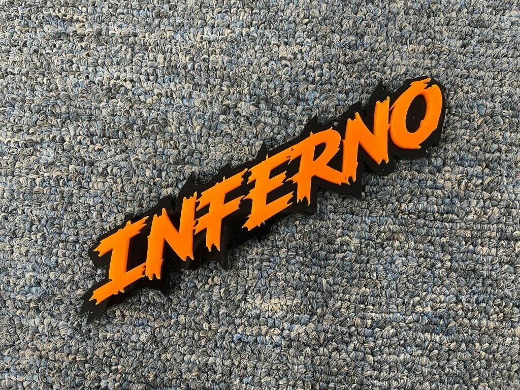 Inferno Car Badge - Orange On Gloss Black - Lightning Font - Atomic Car Concepts