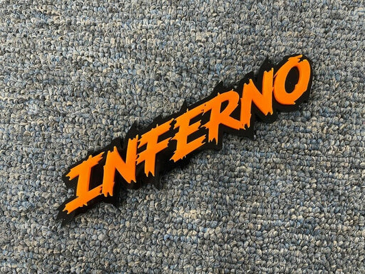 Inferno Car Badge - Orange On Gloss Black - Lightning Font - Atomic Car Concepts