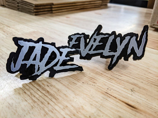 Jade Evelyn Car Badge - Brushed Silver on Gloss Black - Aggressive Font - Atomic Car Concepts