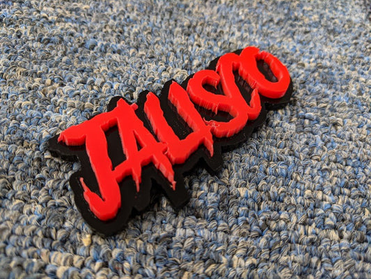 Jalisco Car Badge - Red on Gloss Black - Aggressive Font - Tape Mounting - Atomic Car Concepts