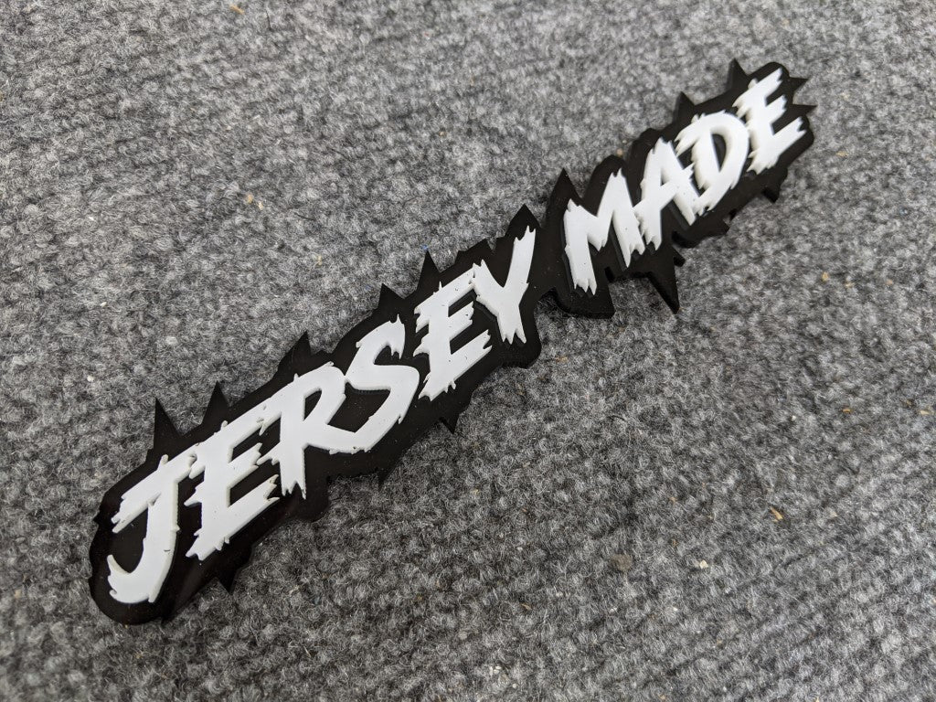 Jersey Made Car Badge - White on Gloss Black - Lightning Font - Atomic Car Concepts