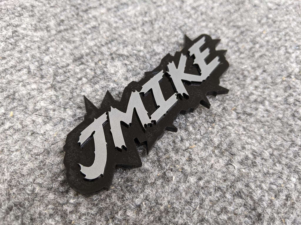 Jmike Car Badge - Grey on Gloss Black - Lightning Font - Atomic Car Concepts