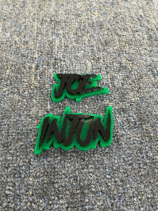 Joe Injun Car Badge - Gloss Black On Green - Aggressive Font - Atomic Car Concepts