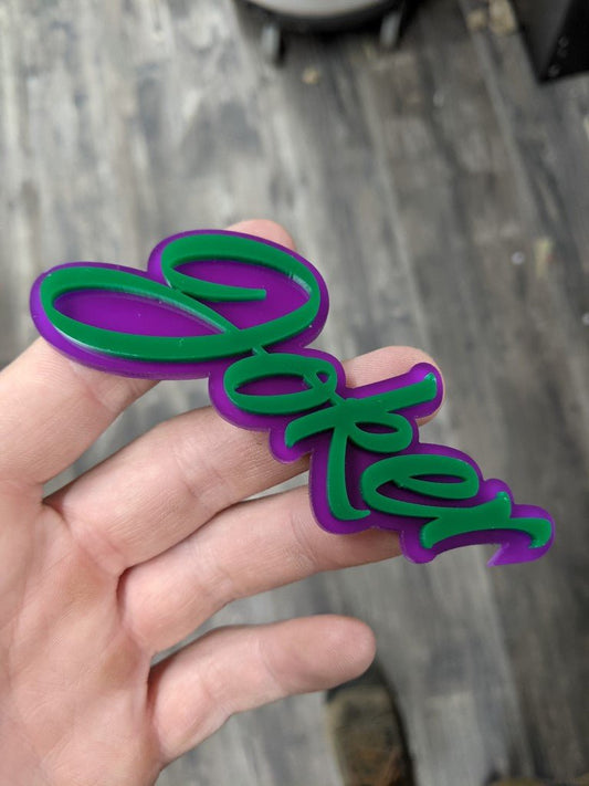 Joker Car Badge - Green On Purple - Script Font - Atomic Car Concepts