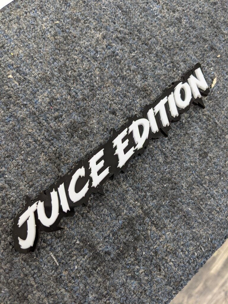 Juice Edition Car Badge - White on Gloss Black - Lightning Font - Atomic Car Concepts