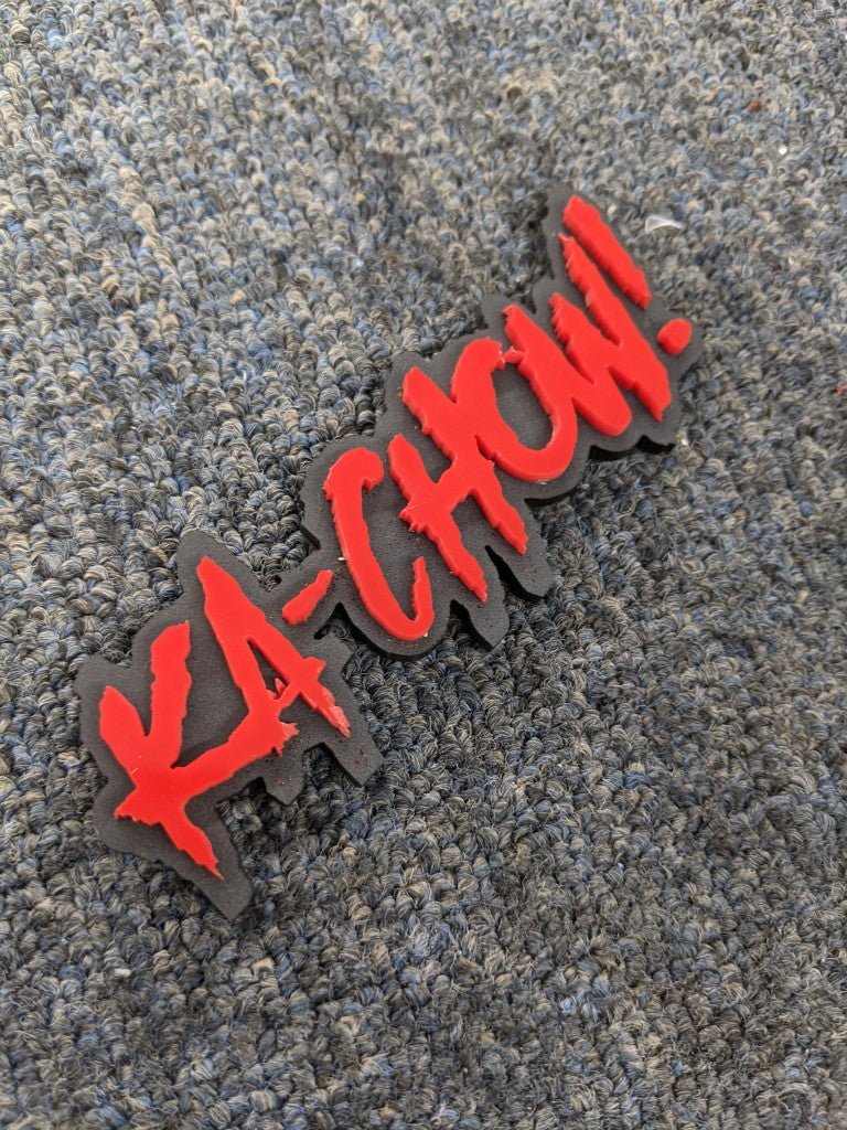 Ka-Chow Car Badge - Red on Matte Black - Aggressive Font - Atomic Car Concepts