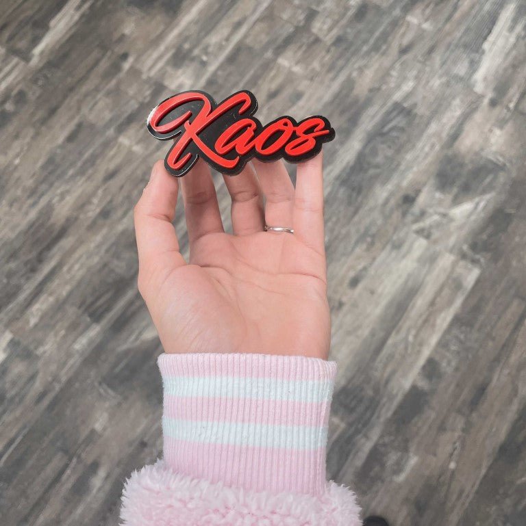 Kaos Car Badge - Red On Gloss Black - Script Font - Atomic Car Concepts