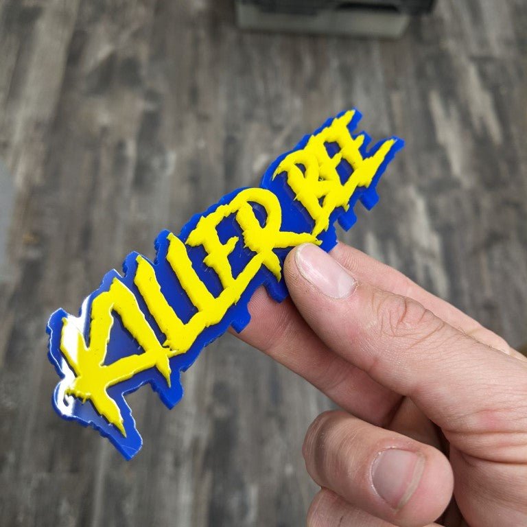 Killer Bee Car Badge - Yellow on Blue - Aggressive Font - Tape Mounting - Atomic Car Concepts