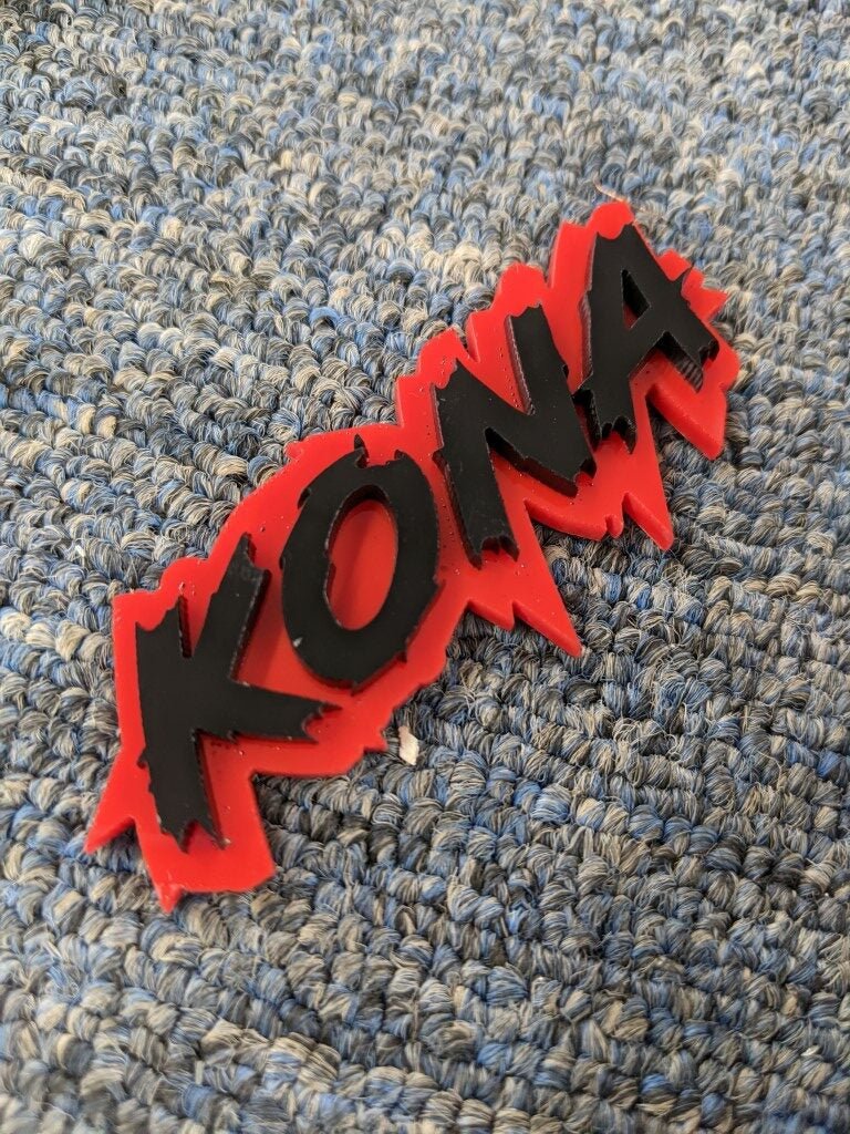 Kona Car Badge - Gloss Black On Red - Lightning Font - Atomic Car Concepts