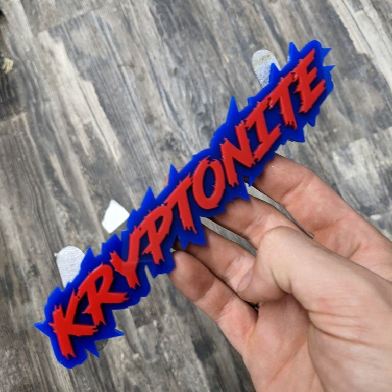 Kryptonite Car Badge - Red on Blue - Lightning Font - Atomic Car Concepts