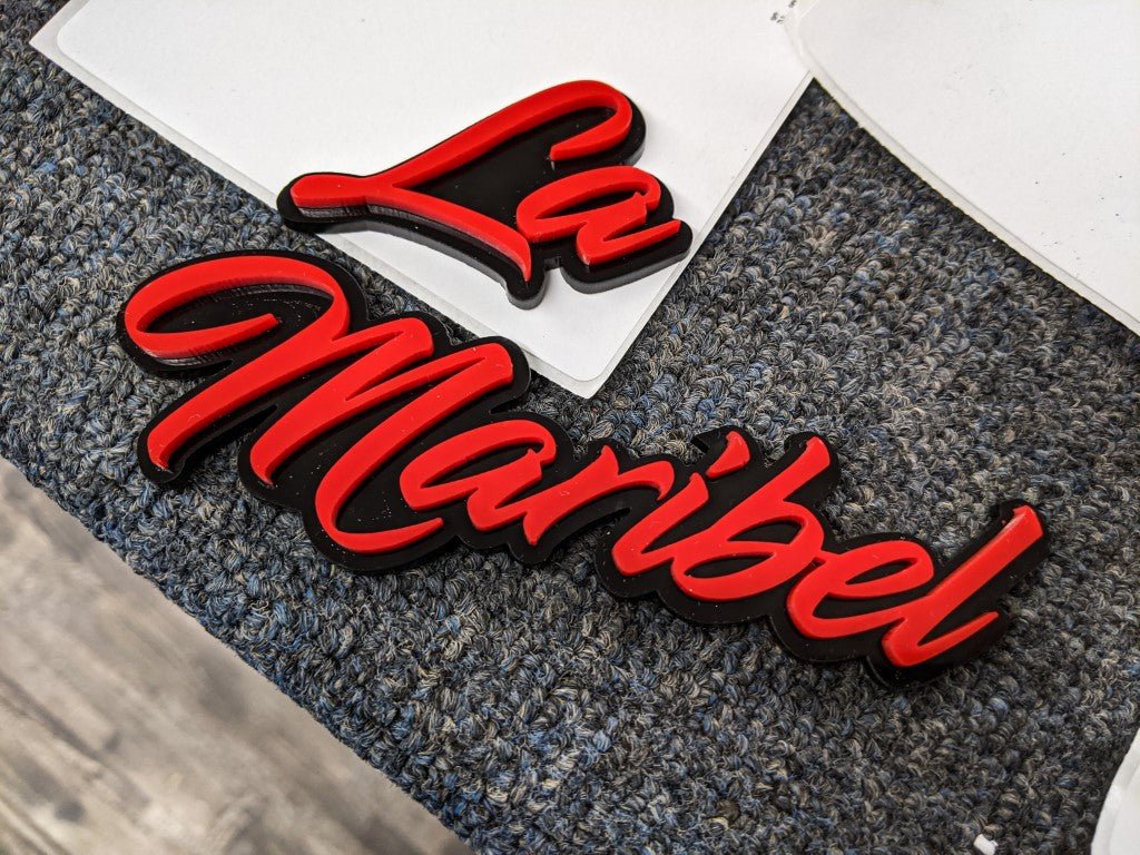 La Maribel Car Badge - Red on Gloss Black - Script Font - Tape Mounting - Atomic Car Concepts