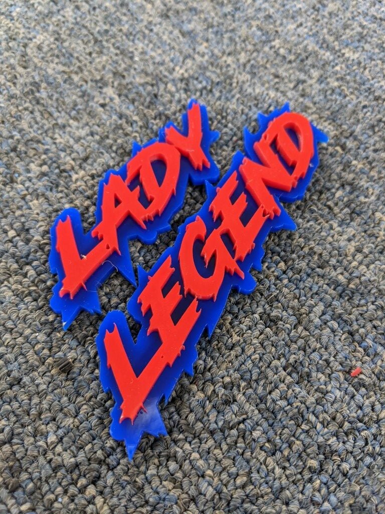 Lady Legend Car Badge - Red On Blue - Lightning Font - Atomic Car Concepts