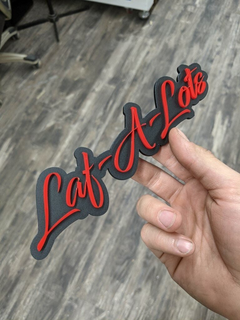 Laf A Lots Car Badge - Red On Matte Black - Script Font - Atomic Car Concepts