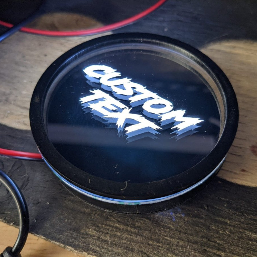 LED Cupholder Bottom - Custom Text - Lightning Font - Mirror Silver - White LED - Atomic Car Concepts