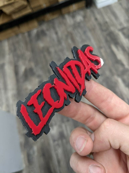 Leonidas Car Badge - Red On Matte Black - Aggressive Font - Atomic Car Concepts