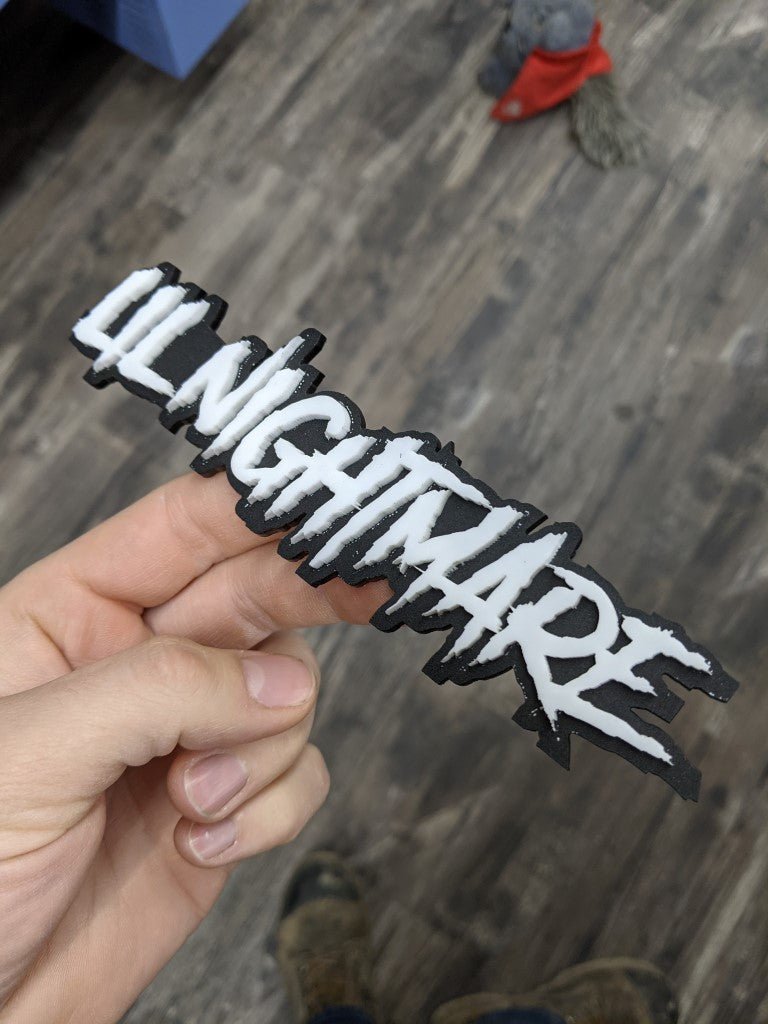 Lil Nightmare Car Badge - White On Matte Black - Aggressive Font - Atomic Car Concepts