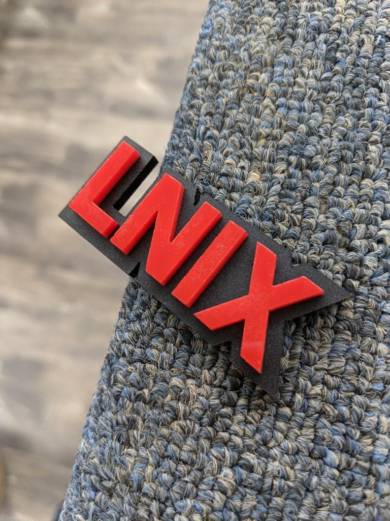 Lnix Car Badge - Red On Matte Black - Block Font - Atomic Car Concepts