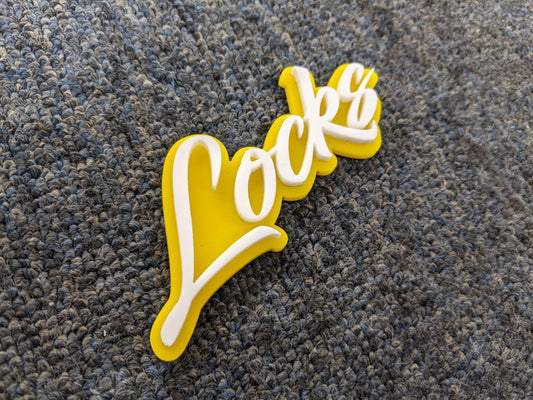 Locks Car Badge - White on Yellow - Script Font - Atomic Car Concepts