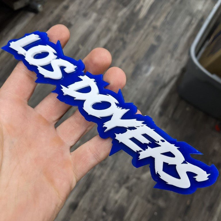 Los Doyers Car Badge - White on Blue - Lightning Font - Tape Mounting - Atomic Car Concepts