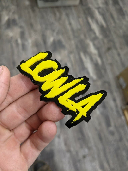 Lowla Car Badge - Yellow On Gloss Black - Aggressive Font - Atomic Car Concepts