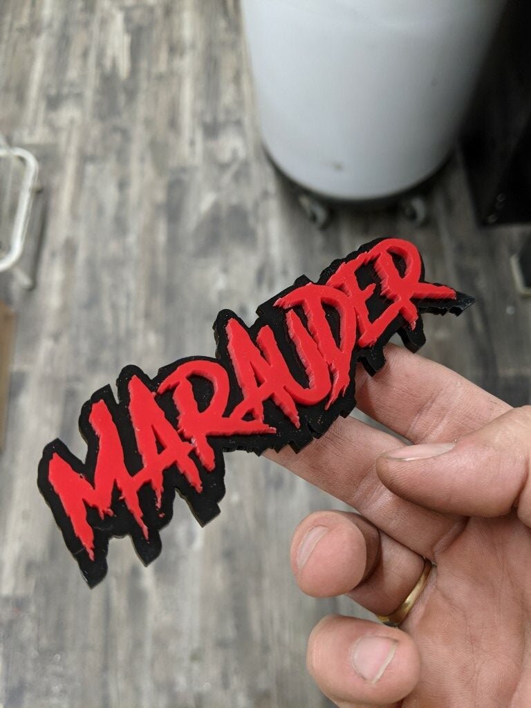 Marauder Car Badge - Red On Gloss Black - Aggressive Font - Atomic Car Concepts