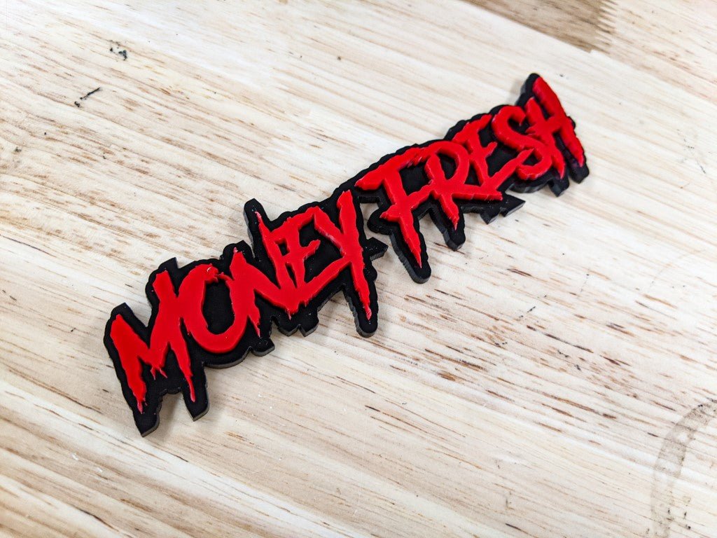 Money Fresh Car Badge - Red on Gloss Black - Aggressive Font - Tape Mounting - Atomic Car Concepts