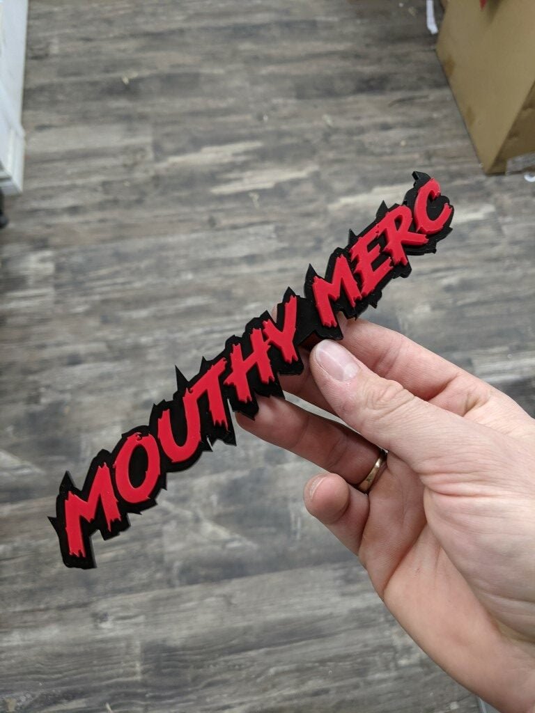 Mouthy Merc Car Badge - Red On Gloss Black -Lightning Font - Atomic Car Concepts