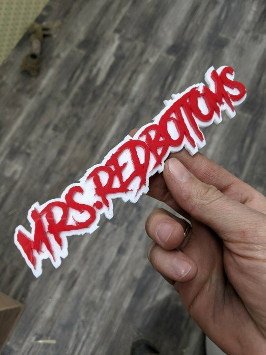 Mrs. Redbottoms Car Badge - Red On White - Aggressive Font - Atomic Car Concepts