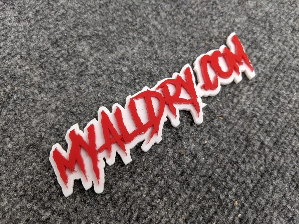 MyAllDry.com Car Badge - Red on White - Aggressive Font - Atomic Car Concepts