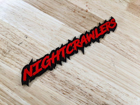 Night Crawlers Car Badge - Red on Gloss Black - Lightning Font - Tape Mounting - Atomic Car Concepts