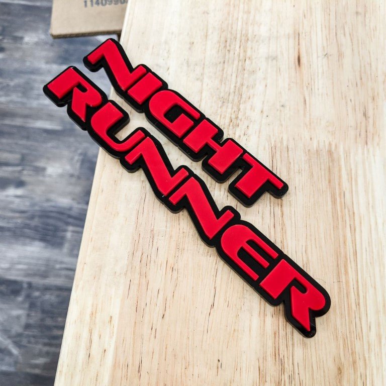 Night Runner Car Badge - Red on Gloss Black - OEM Font - Tape Mounting - Atomic Car Concepts