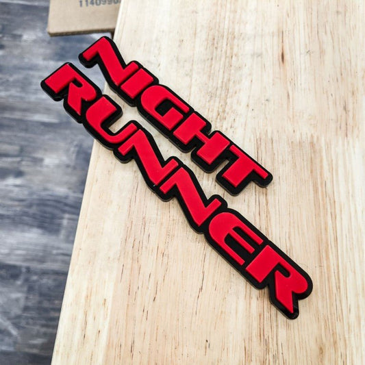 Night Runner Car Badge - Red on Gloss Black - OEM Font - Tape Mounting - Atomic Car Concepts