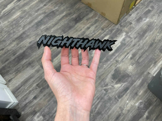 Nighthawk Car Badge - Matte Black On Gloss Black - Lightning Font - Atomic Car Concepts