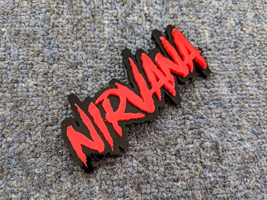 Nirvana Car Badge - Red On Gloss Black - Aggressive Font - Atomic Car Concepts