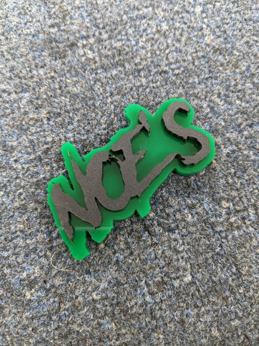 Noes Car Badge - Matte Black On Green - Aggressive Font - Atomic Car Concepts