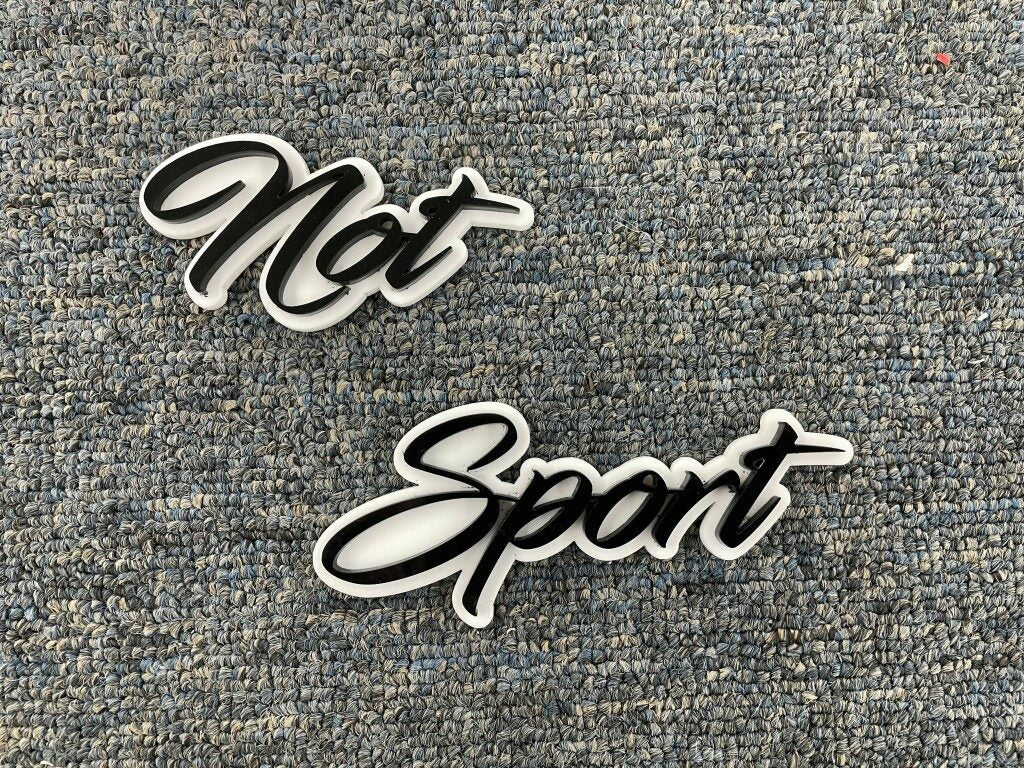 Not Sport Car Badge - Gloss Black On White - Script Font - Atomic Car Concepts