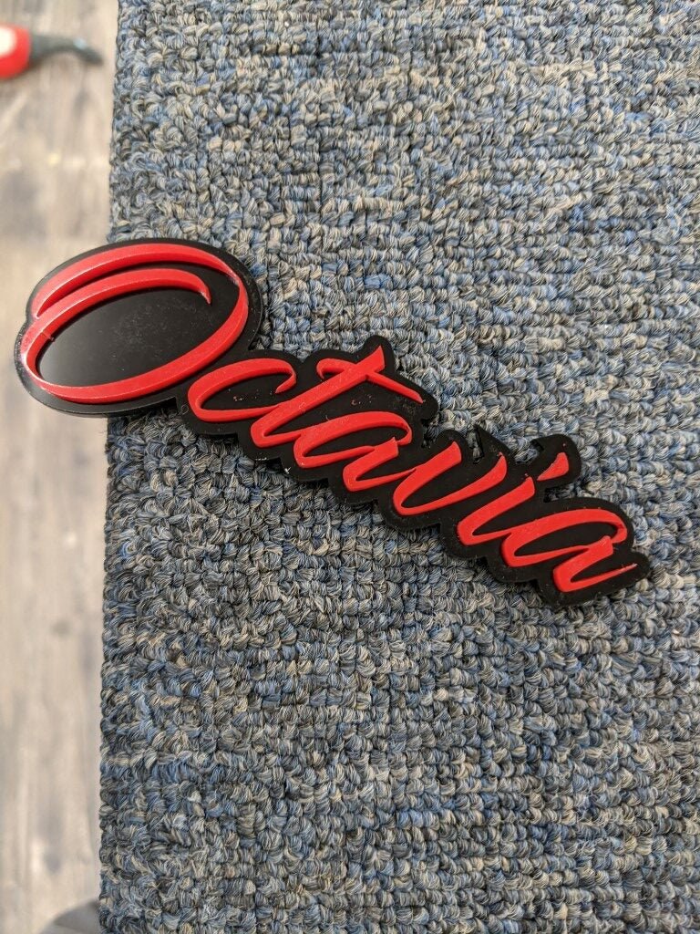 Octavia Car Badge - Red On Gloss Black - Script Font - Atomic Car Concepts